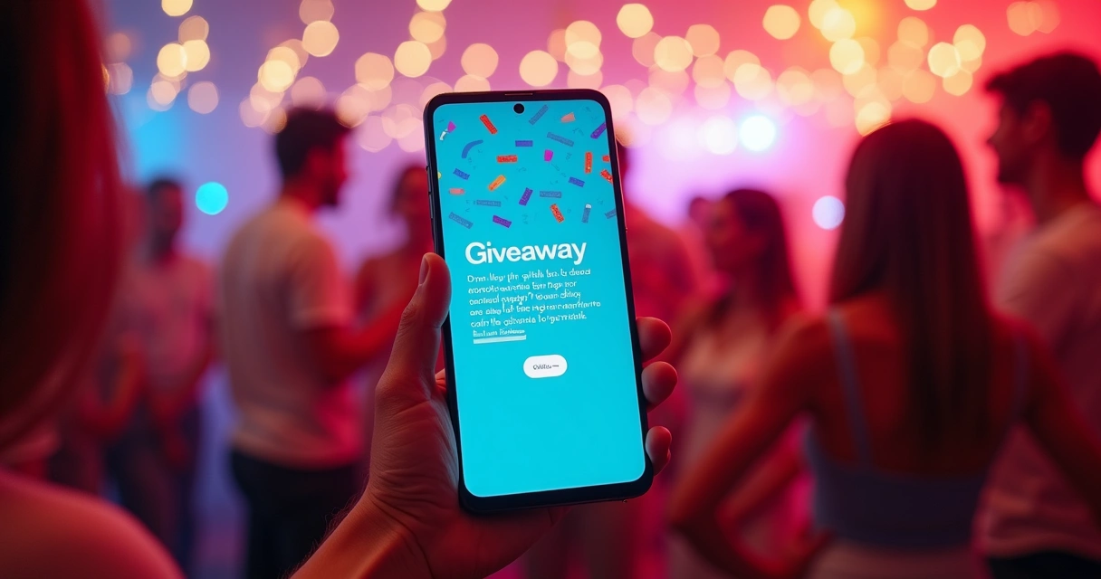 Tela de smartphone com story de sorteio interativo em ambiente alegre 