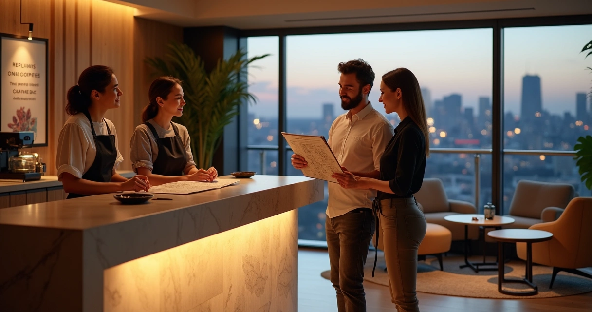 Hóspede interagindo com equipe de hotel em experiência personalizada no lobby 