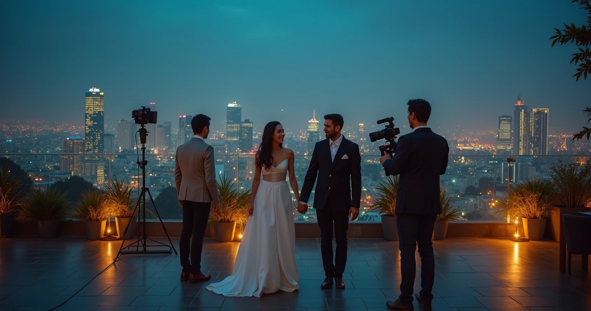 Casal sendo filmado por videomaker em avenida iluminada de São Paulo à noite 