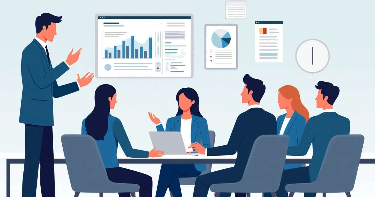 Executivo em pé contando uma história ao redor de uma mesa para profissionais atentos 