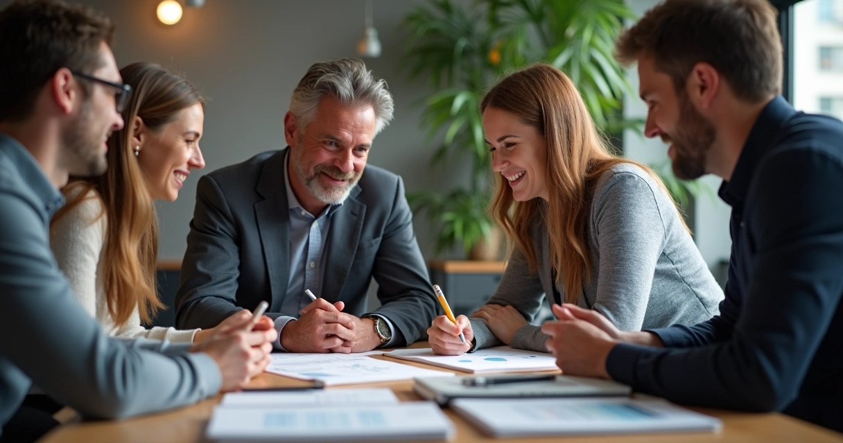 Colaboradores reunidos em mesa contando histórias de negócios 