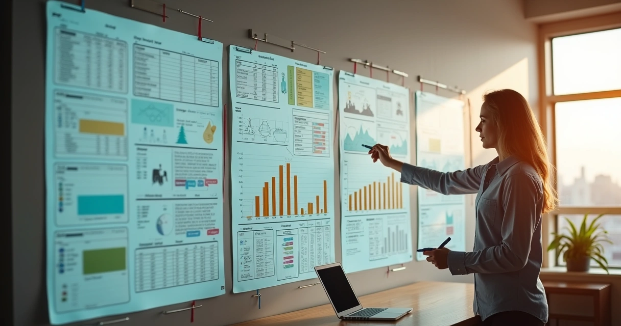 Profissional conecta dados financeiros a narrativa visual em painel criativo 