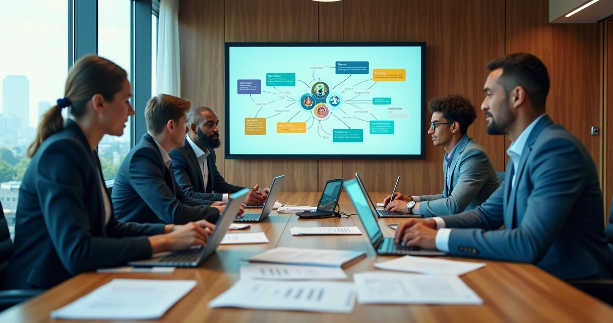 Executivos analisando campanha B2B com storytelling em sala de reunião moderna 