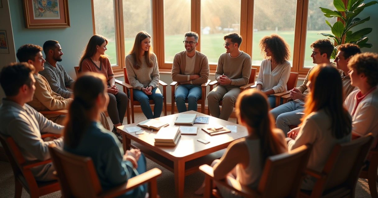 People sitting in a circle, sharing stories with connecting lines between them 