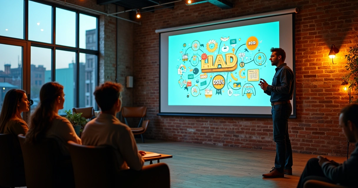 Apresentação em palco pequeno com dados projetados como histórias visuais 