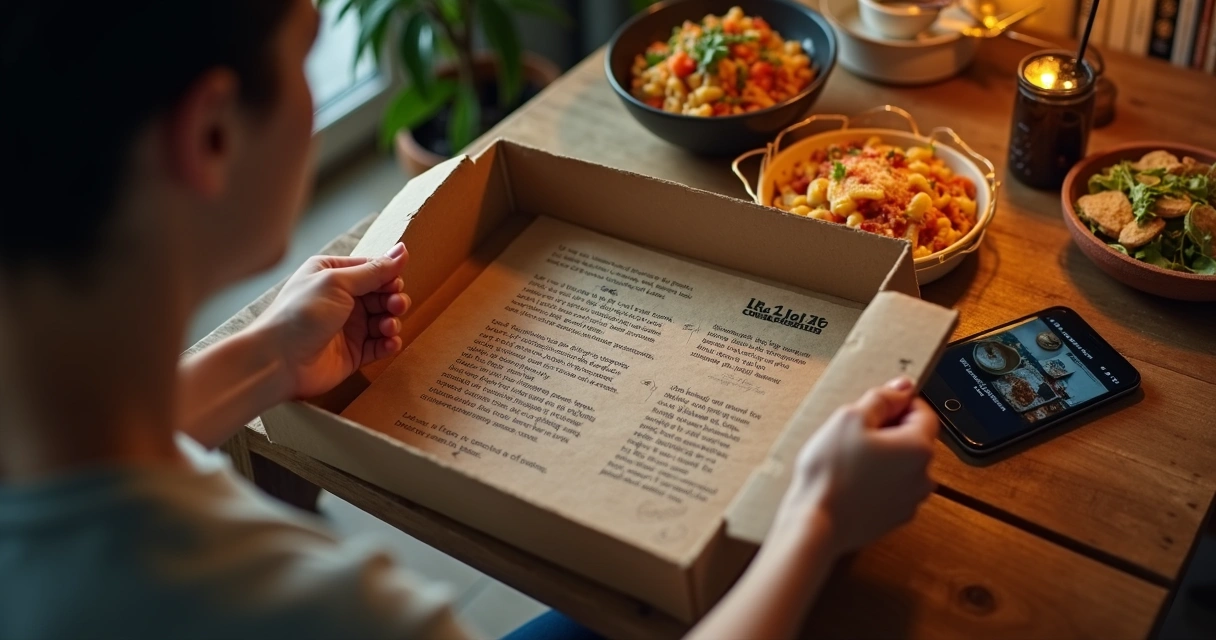 Cliente lendo história em caixa de delivery aberta sobre mesa com refeição 