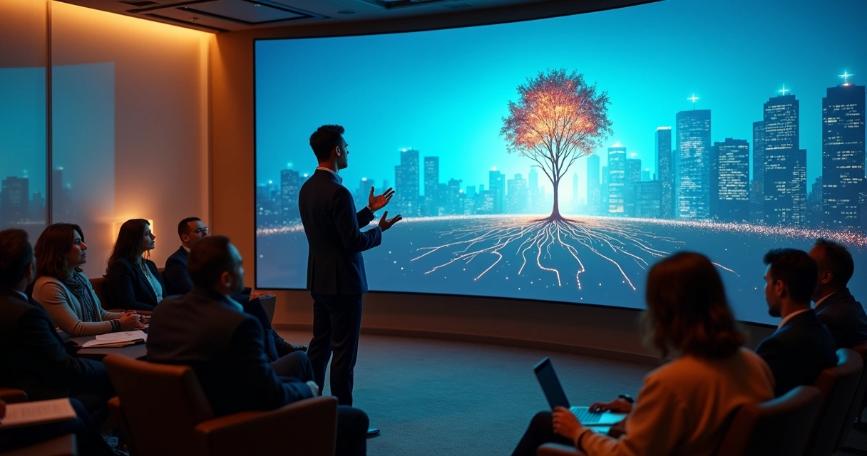 Líder em sala de treinamento usando narrativa projetada para engajar equipe 