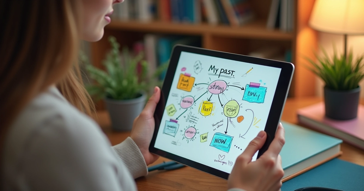 Hand holding a digital tablet showing a personal story. 