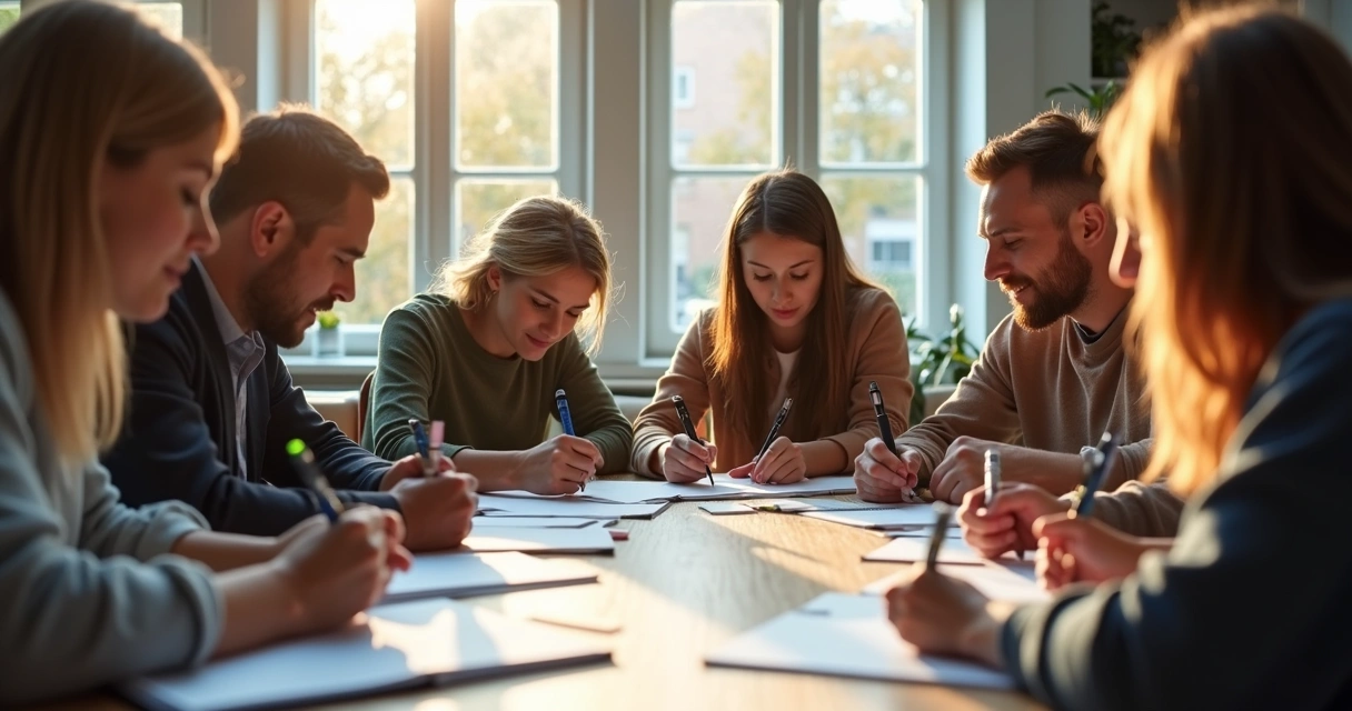 Equipe escrevendo juntos mensagem com storytelling para LinkedIn 