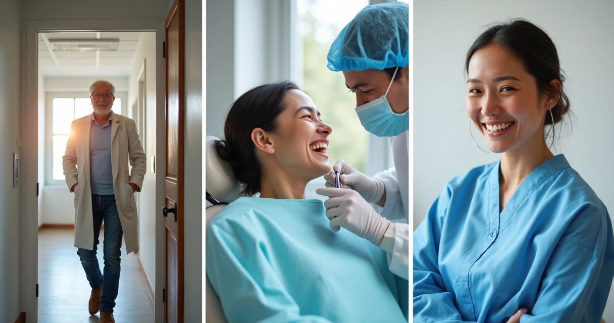 Fotos sequenciais mostrando paciente em etapas de tratamento odontológico 