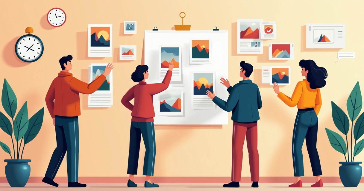 Equipe construindo storytelling com imagens e narrativas