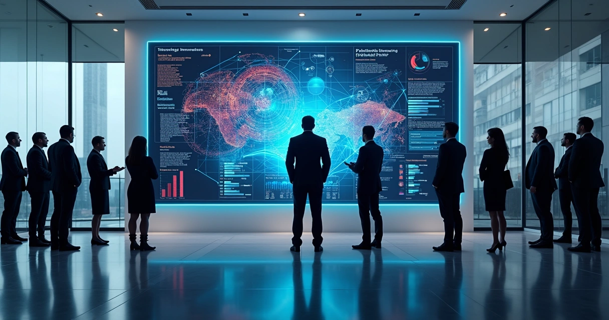 Executivos observando painel digital com gráficos de inovação tecnológica 