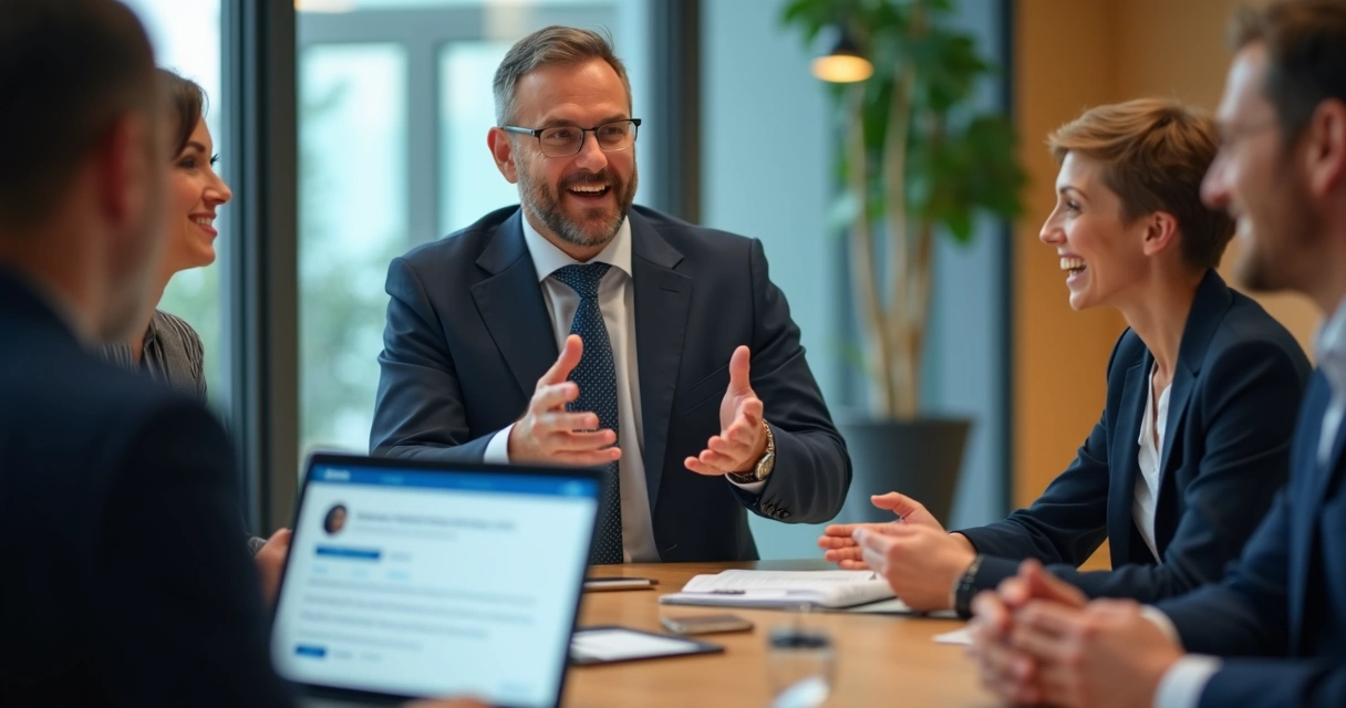 Executivo contando história em reunião de negócios, usando laptop com LinkedIn aberto 
