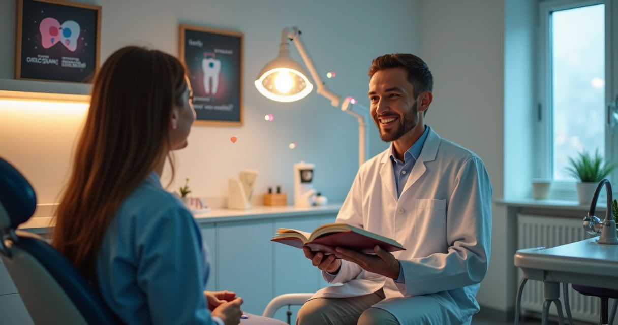 Dentista conversando com paciente em consultório moderno acompanhado de elementos visuais que representam narrativa e engajamento 