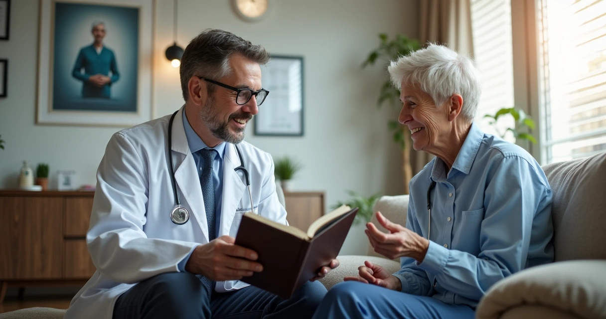 Médico contando história inspiradora para paciente em clínica moderna