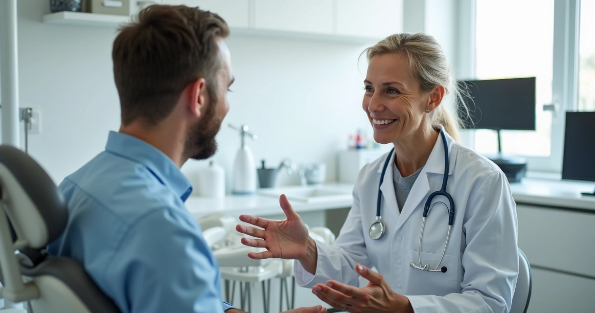 Dentista conversando com paciente em consultório moderno 