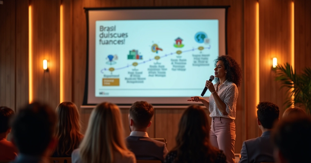 Mulher empreendedora contando sua trajetória numa palestra