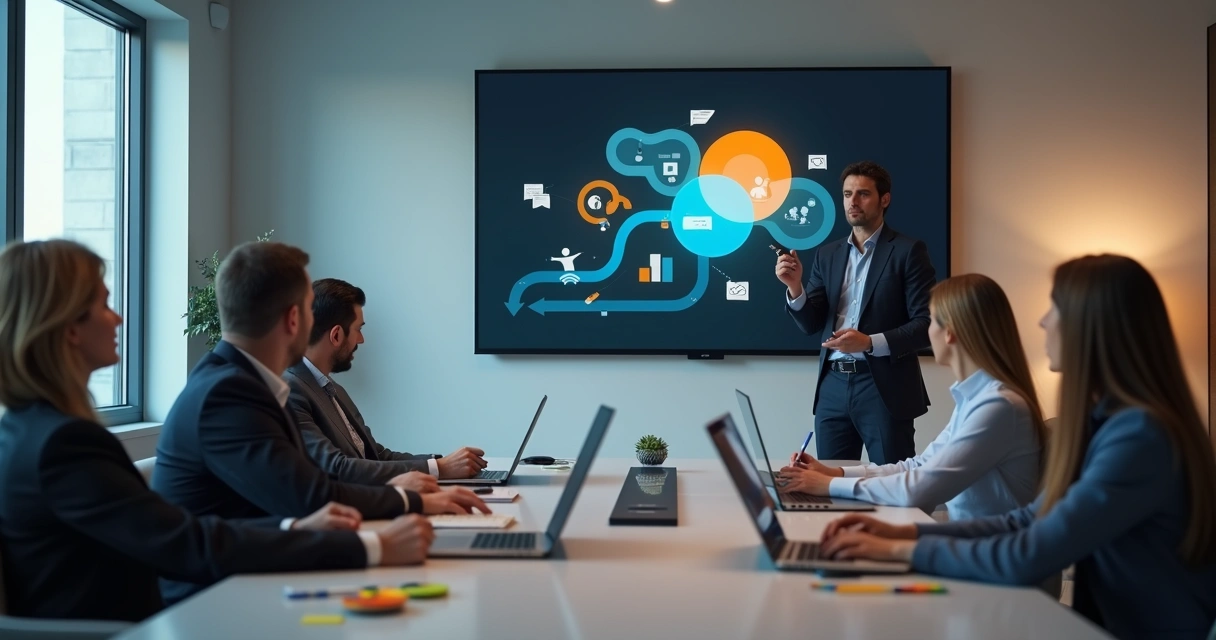 Apresentador mostra slide colorido com ícones durante palestra para executivos 