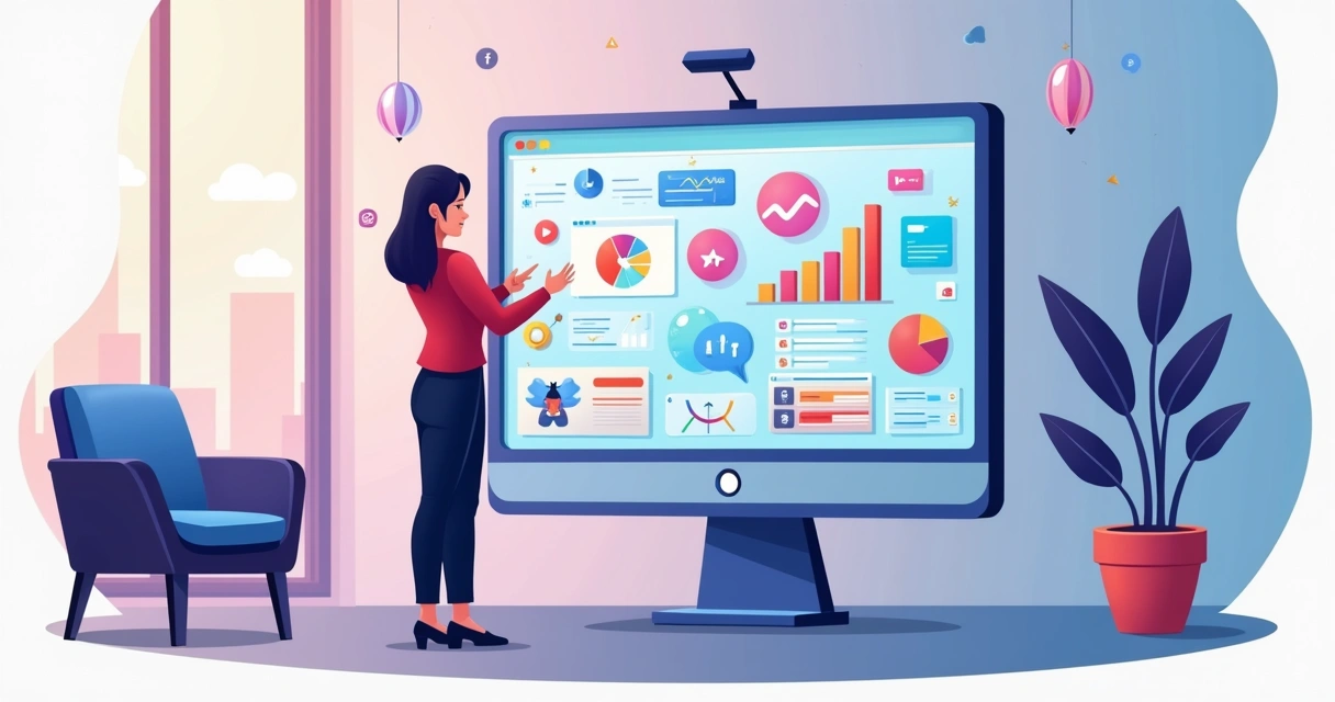 Ilustração corporativa flat de mulher empreendedora mostrando storytelling visual com gráficos e ícones de design e tecnologia 