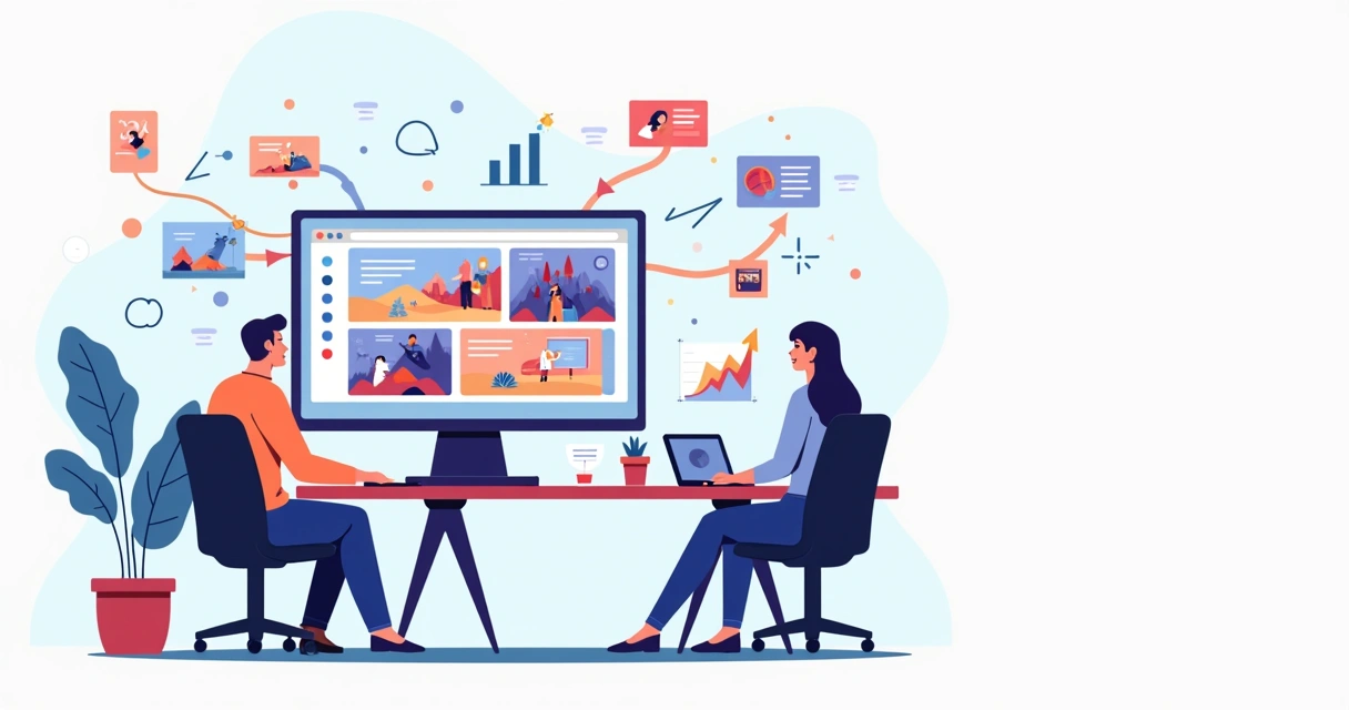 Ilustrador criando narrativa visual com ilustrações conectadas em tela de computador 