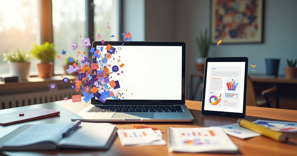 Ilustrações coloridas fluindo de tela de laptop para tablet representando storytelling visual 