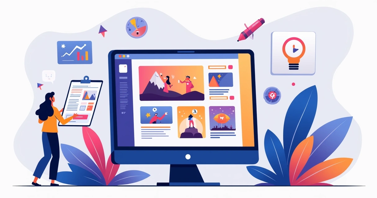 Designer monta narrativa visual com ilustrações guiando usuário em landing page 