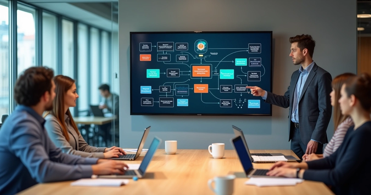 Profissional de TI apresentando diagrama visual em tela grande para clientes em reunião 