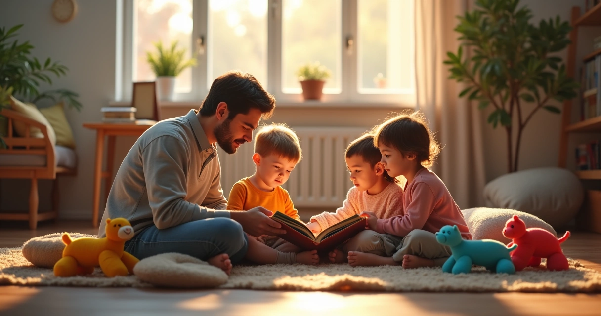 Family sitting on floor surrounded by storybooks and stuffed animals