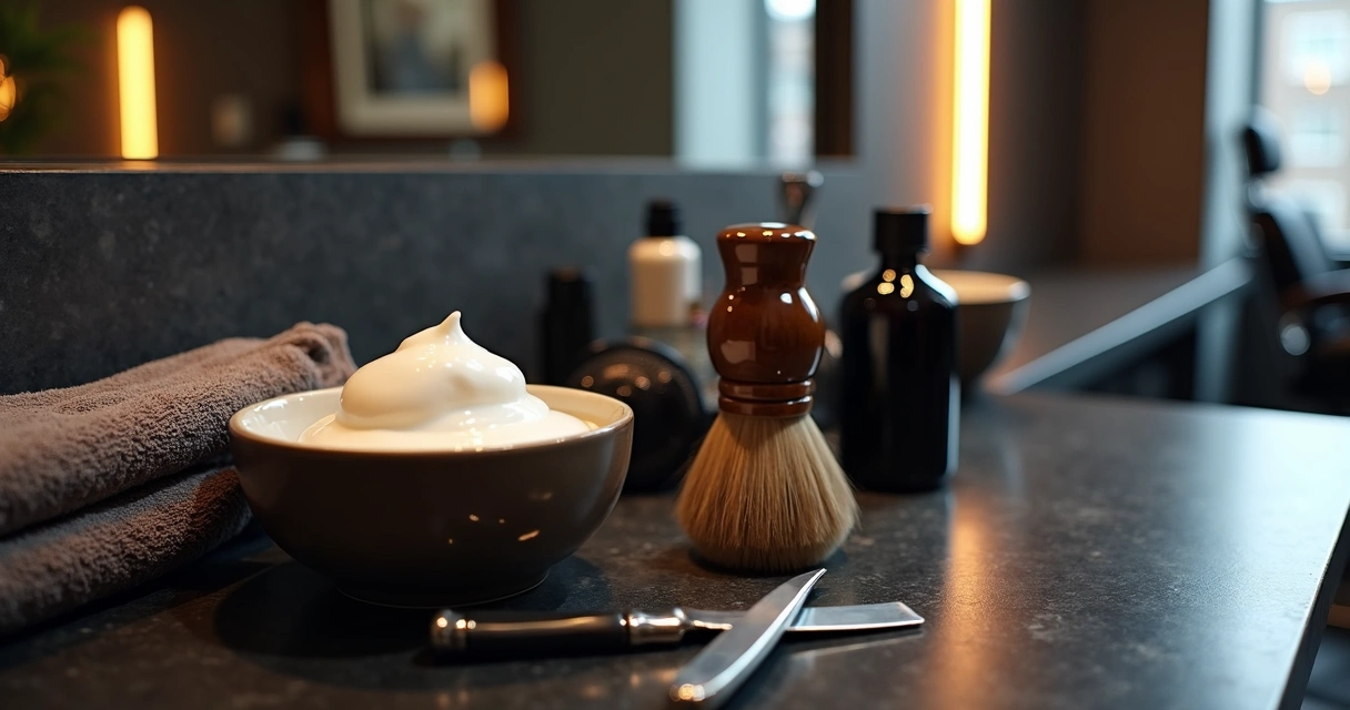 Straight razor shaving tools on a counter 
