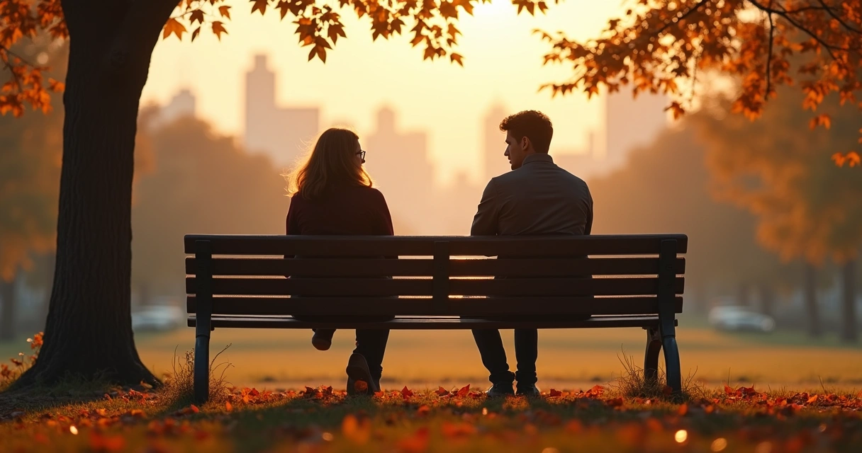 Two people sitting together looking distant in conversation 