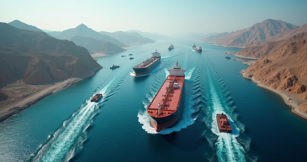 Aerial view of oil tankers passing through the Strait of Hormuz
