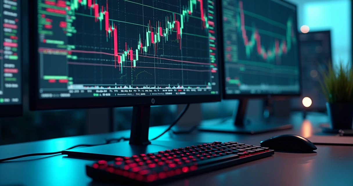 Tela de computador mostrando gráfico financeiro com linhas de tendência e código de algoritmo de trading martingale 