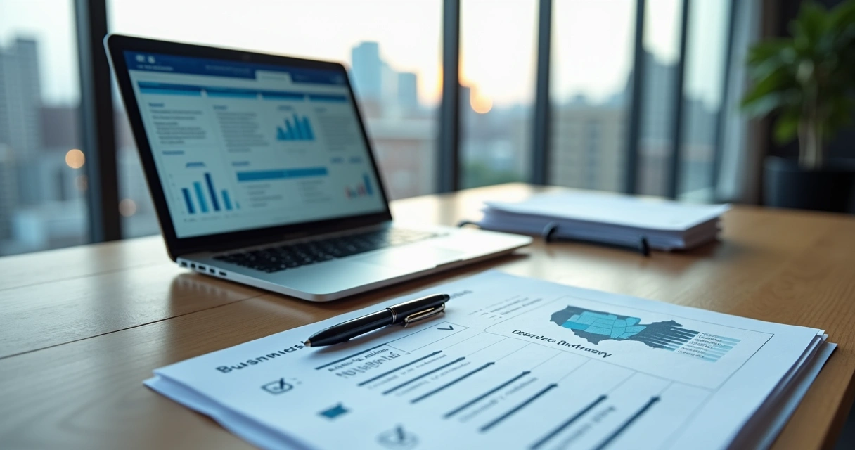 Organized desk with EB-2 NIW business plan mapped across documents and digital screen