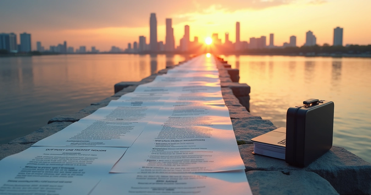 Conceptual bridge made of EB-2 NIW business plan pages leading to modern U.S. skyline 