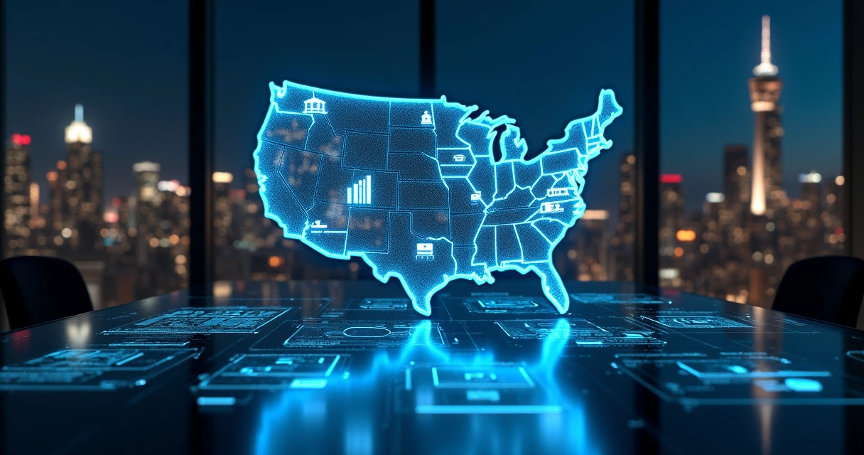 Business, legal, and tech icons connected in a US-shaped network for visa strategy