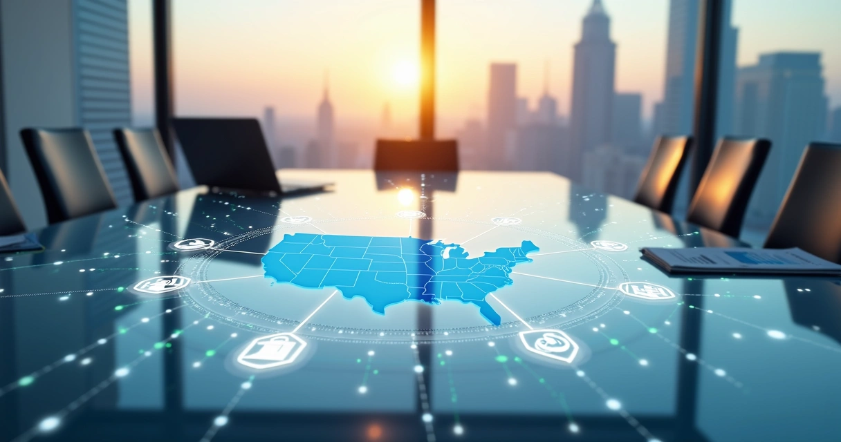 Business immigration strategy concept map with interconnected icons over US map