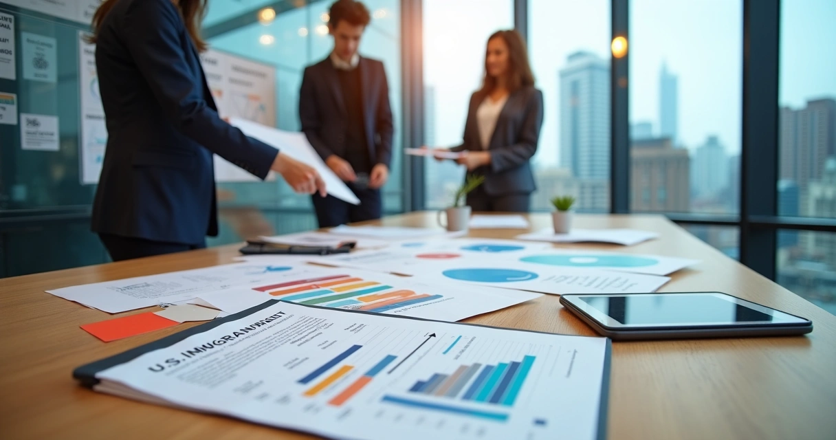 Team shaping a US immigration business plan with strategy boards and charts 