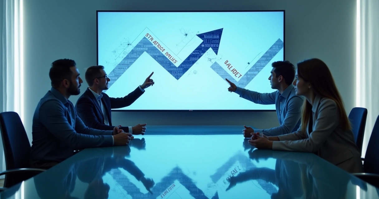 Business team reviewing charts with disconnect between goals and teamwork 