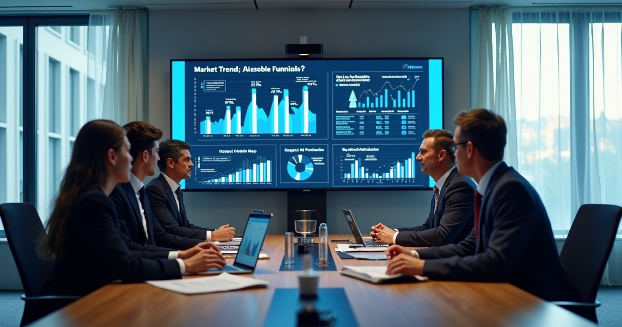 Team reviewing market and revenue dashboards in a meeting room