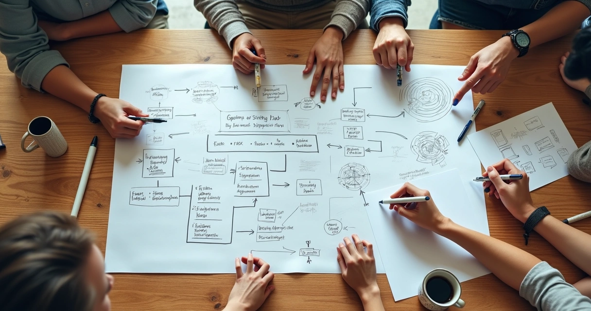 Hands drawing a strategy plan on a board