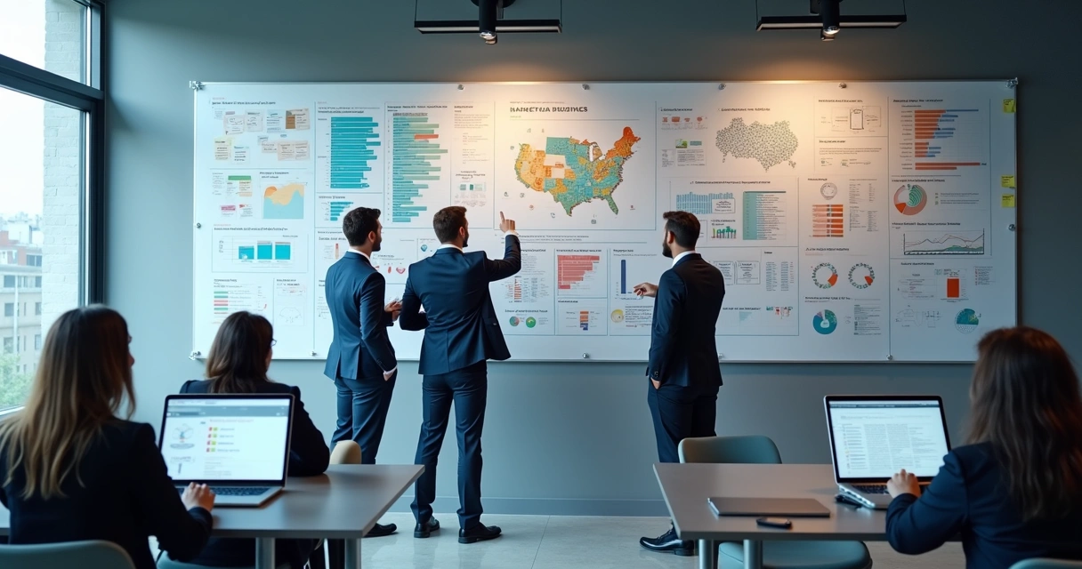 Team reviewing a market map on a wall