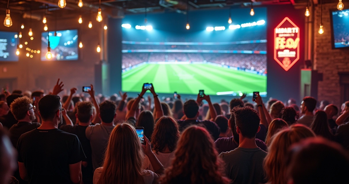Torcida assistindo transmissão de futebol em múltiplas telas