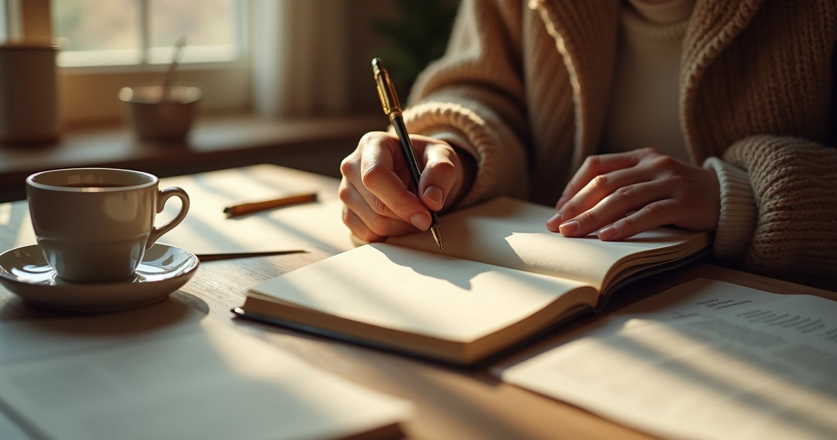 Handwriting pouring across journal pages on a cozy wooden desk
