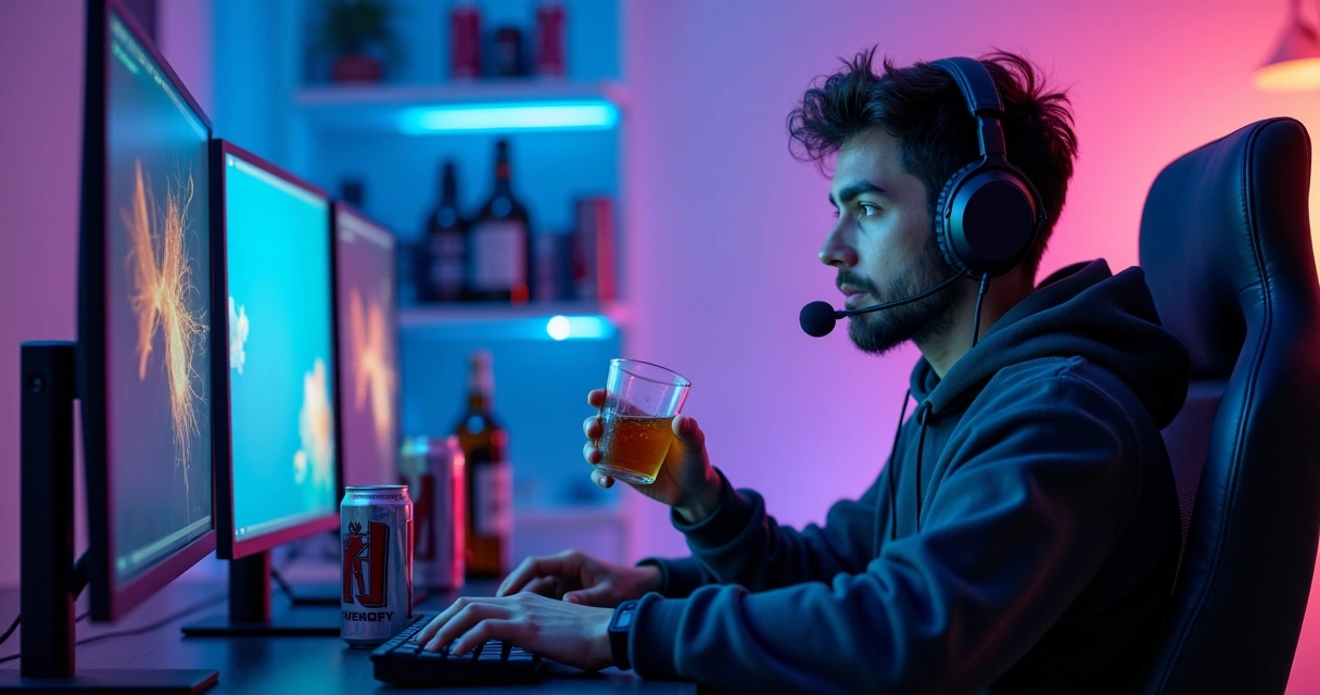 Streamer at desk with monitors, holding a drink, surrounded by empty bottles 