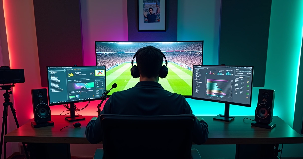 Streamer transmitindo partida de futebol em estúdio com múltiplas telas e gráficos de audiência 