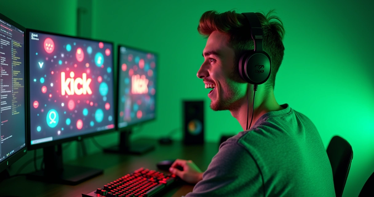 Streamer in studio with streaming equipment, green lights, audience cheering on screen 