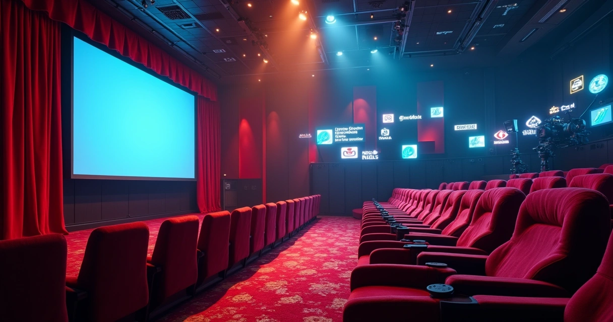Sala de cinema ao lado, estúdios de gravação do outro, todos juntos com símbolos de streaming 
