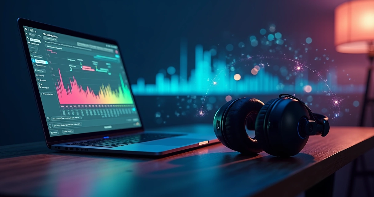 Interface de streaming de rádio em notebook com gráfico digital em torno dos fones de ouvido 