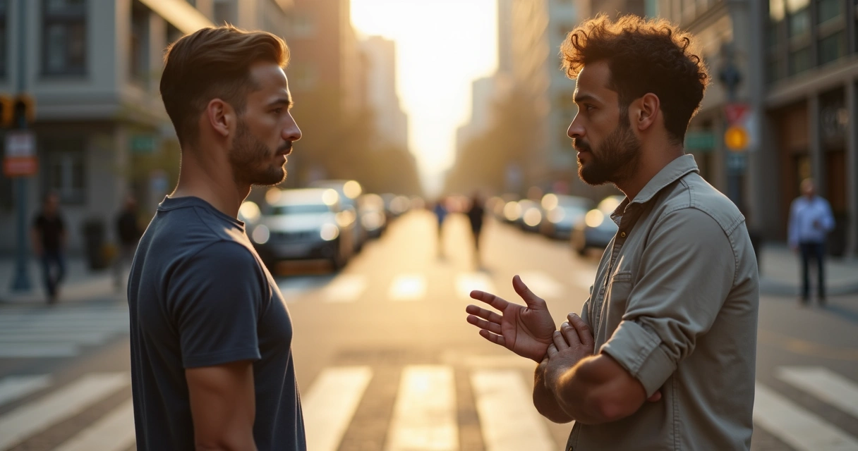 Two people talking on a city sidewalk with floating words showing nuanced emotions between them 