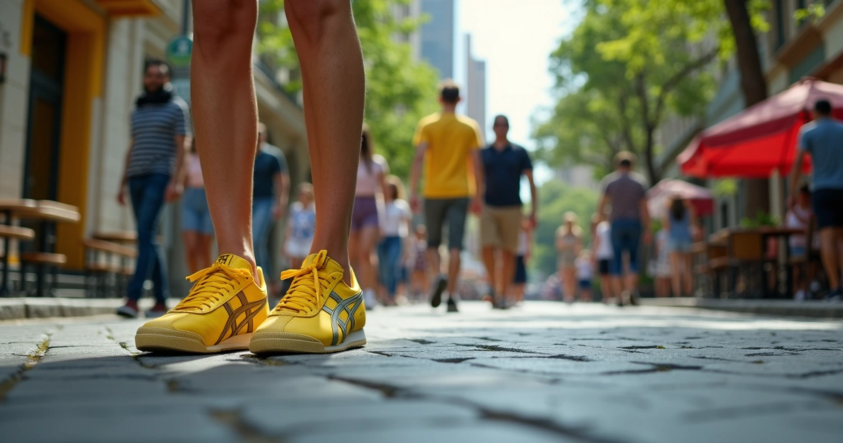 Pessoas caminhando nos Jardins em São Paulo usando tênis Onitsuka Tiger amarelo 